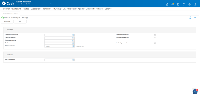 Instellingen app in CashWeb